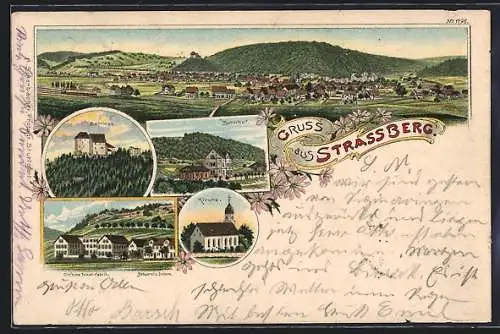 Lithographie Strassberg / Hohenzollern, Bahnhof, Ott`sche Tricot-Fabrik, Brauerei z. Zollern, Kirche und Totalansicht