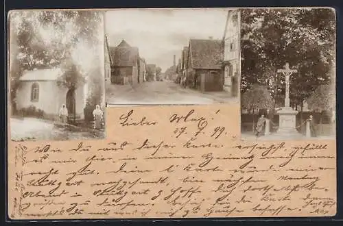 Foto-AK Leimersheim, Aufgeklebte Aufnahmen des Ortes, Kapelle, Kreuz und Strassenpartie