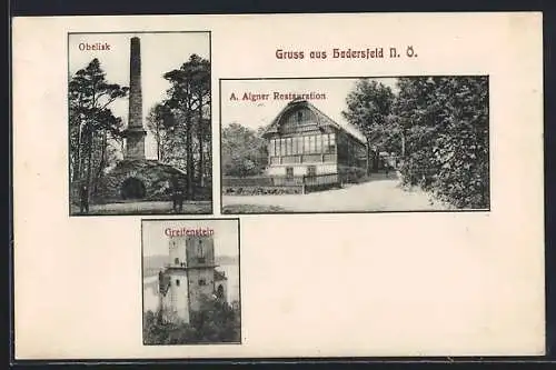 AK Hadersfeld /N. Ö., Restaurant A. Aigner, Greifenstein und Obelisk