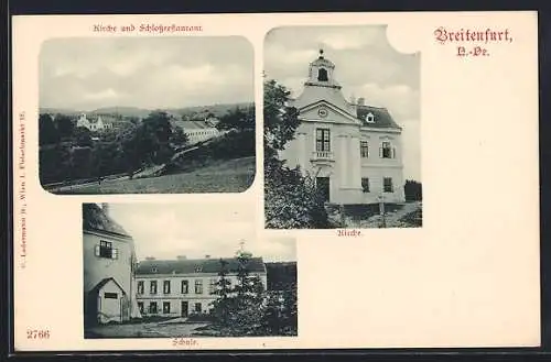 AK Breitenfurt /N.-Ö., Schloss-Restaurant, Kirche und Schule