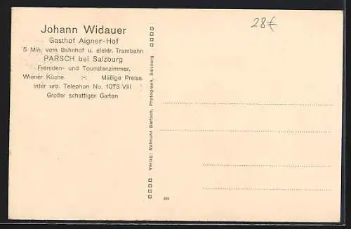 AK Salzburg, Parsch, Gasthof Aigner-Hof, Bes. Johann Widauer