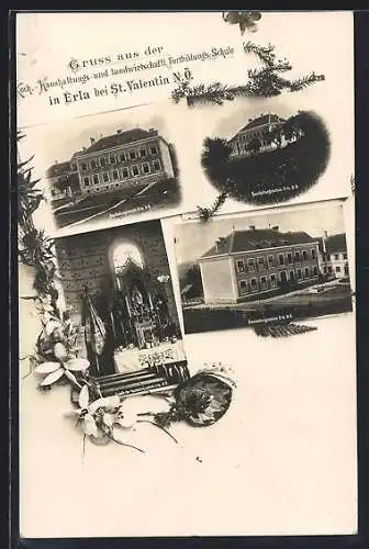 AK St. Pantaleon-Erla, Gruss aus Erla, Koch-, Haushaltungs- und landwirtschaftl. Fortbildungs-Schule, Blumen-Passepartout