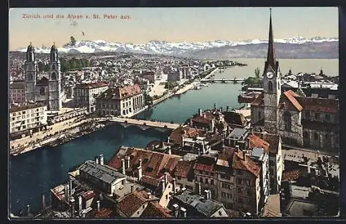 AK Zürich, Teilansicht und die Alpen von St. Peter aus