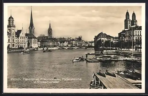 AK Zürich, Hauptpost, Fraumünster, Peterskirche und Grossmünster