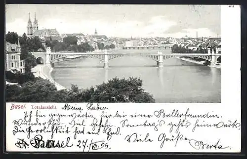 AK Basel, Totalansicht mit Kirche und Brücke