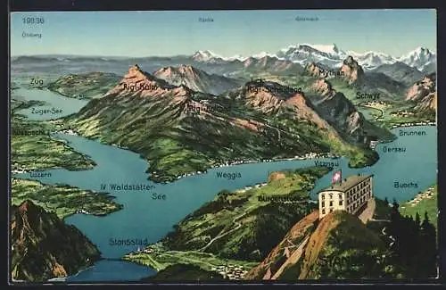 Künstler-AK Stans, Hotel auf dem Stanserhorn mit Weggis, Vitznau und Gersau, Bergpanorama mit Säntis und Glärnisch