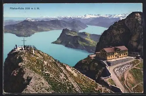 AK Pilatus-Kulm /Vierwaldstättersee, Panorama mit Hotel und Gipfelkreuz