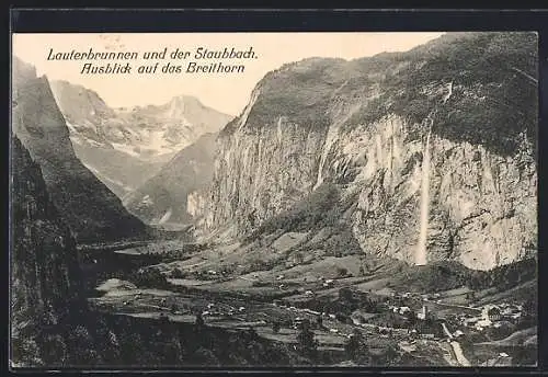 AK Lauterbrunnen, Teilansicht und der Staubbach mit Ausblick auf das Breithorn