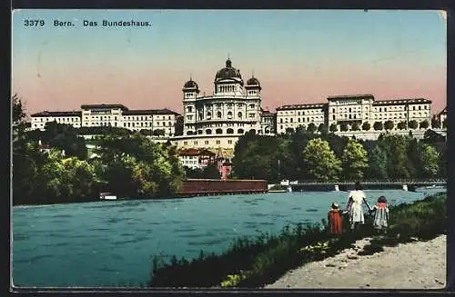 AK Bern, Uferpartie mit Bundeshaus