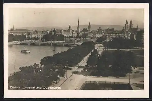 AK Zürich, Strasse am Utoquai und Quaibrücke