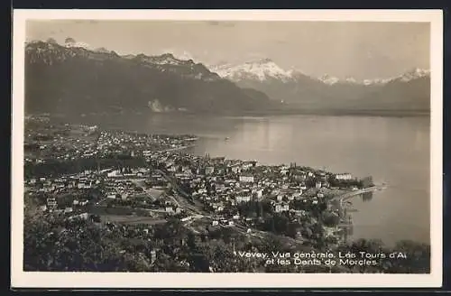 AK Vevey, Vue générale, Les Tours d`Ai et les Dents de Morcles