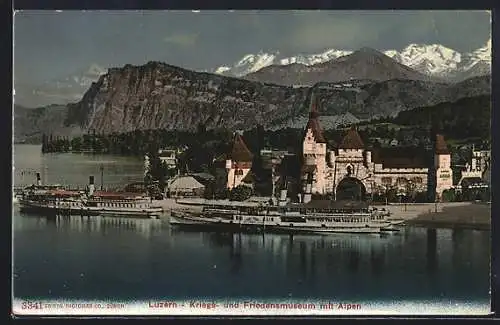 AK Luzern, Kriegs- und Friedensmuseum mit Alpen und Dampfern