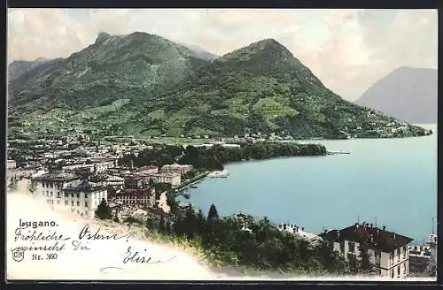 AK Lugano, Blick auf den Ort und See, Berge