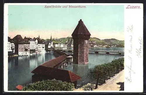 AK Luzern, Kapellbrücke und Wasserthurm