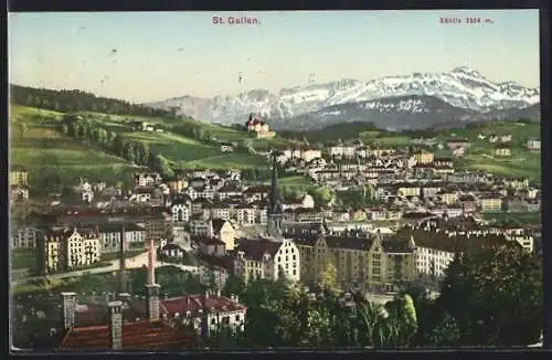 AK St. Gallen, Ortsansicht mit Kirche und Säntis