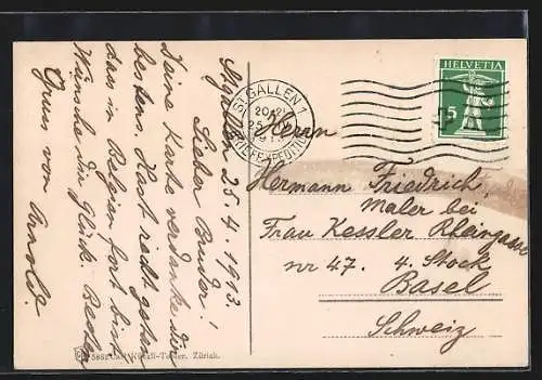 AK St. Gallen, Ortsansicht mit Kirche und Säntis