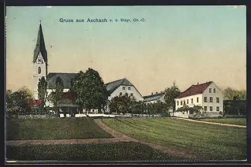 AK Aschach a. d. Steyr, Ortspartie mit Kirche