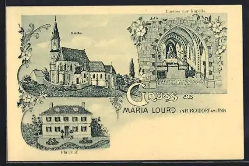 AK Kirchdorf am Inn, Kirche Maria Lourd, Pfarrhof und Inneres der Kapelle