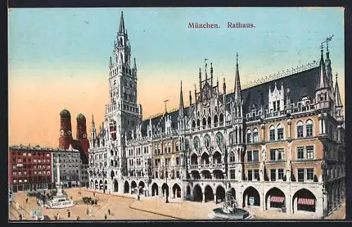 AK München, Marienplatz mit Rathaus und Fischerbrunnen