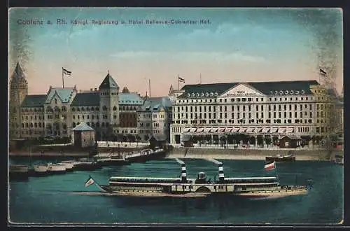 AK Coblenz a. Rh., Kgl. Regierung u. Hotel Bellevue-Coblenzer Hof, Panorama mit Dampfer