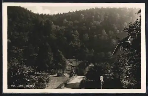 AK Wendefurth i. Bodetal, Strassenpartie mit Haltestelle Kutschfuhrwerk