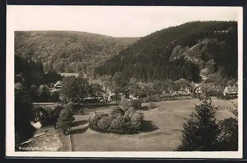 AK Wendefurth i. Bodetal, Ortsansicht m. Anlagen u. Bodebrücke aus der Vogelschau