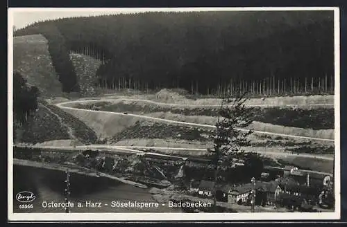 AK Osterode a. Harz, Sösetalsperre, Badebecken aus der Vogelschau