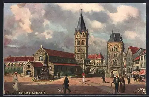 Künstler-AK Eisenach, Karlsplatz mit Nicolaikirche und dem Nicolaitor