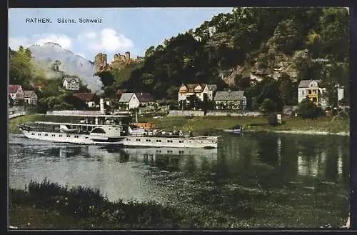 AK Rathen /Sa., Ortspanorama mit Dampfer und Burgblick