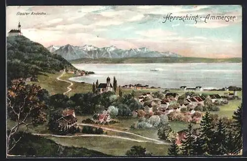 Künstler-AK Herrsching am Ammersee, Ortstotale mit Gebirgsblick und Kloster Andechs