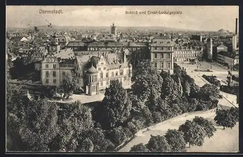 AK Darmstadt, Schloss und Ernst-Ludwigsplatz aus der Vogelschau