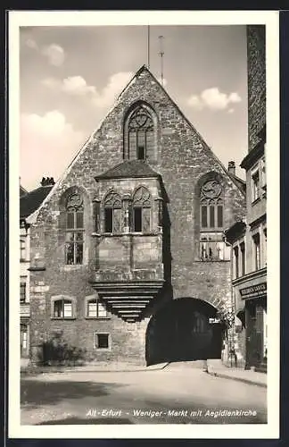 AK Alt-Erfurt, Weniger-Markt mit Geschäft von Friedrich Casper und Aegidienkirche