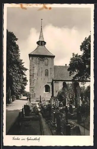 AK Grundhof / Angeln, Kirche mit Friedhof