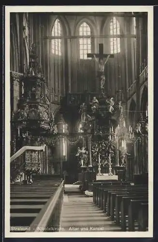 AK Stralsund, Nikolaikirche, Altar und Kanzel