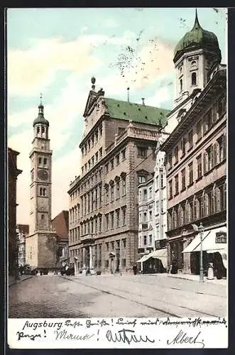 AK Augsburg, Strassenansicht mit Perlachturm und Rathaus