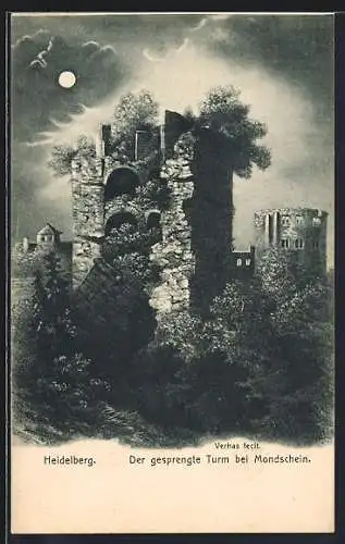 Künstler-AK Heidelberg / Neckar, Gesprengter Turm bei Mondschein