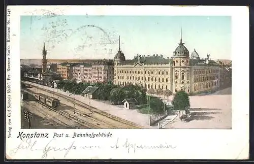 Goldfenster-AK Konstanz, Post und Bahnhofgebäude von oben, mit goldenen Fenstern