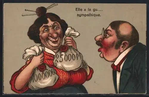 Künstler-AK Elle a la gu...sympathique, Frauenfeindliche Karikatur