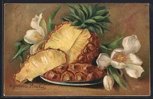 AK Schale mit geteilter Ananas