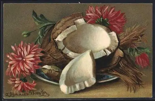 AK Kokosnuss auf einem Teller mit Blumen, Obst