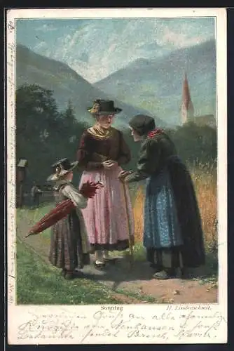 Künstler-AK sign. H. Lindenschmit: Sonntag, Frau mit ihrer Tochter und Mutter auf dem Feldweg zur Kirche