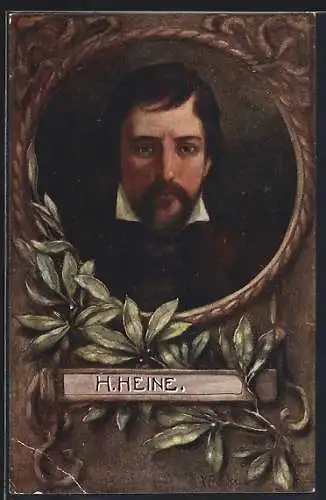 Künstler-AK sign. Franke: Heinrich Heine, Portrait mit Lorbeerzweig