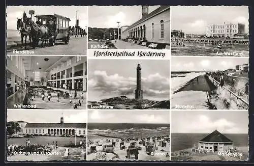 AK Norderney / Nordsee, Pferdebus, Leuchtturm, Kurhaus, Marienhöhe