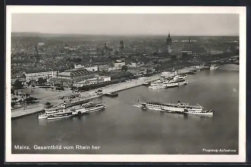 AK Mainz, Fliegeraufnahme der Stadt, Dampfer auf dem Rhein