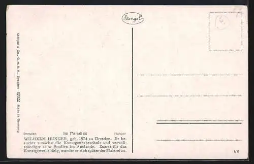 Künstler-AK sign. Wilhelm Hunger: Liebespaar küsst sich in einem Rosenbusch