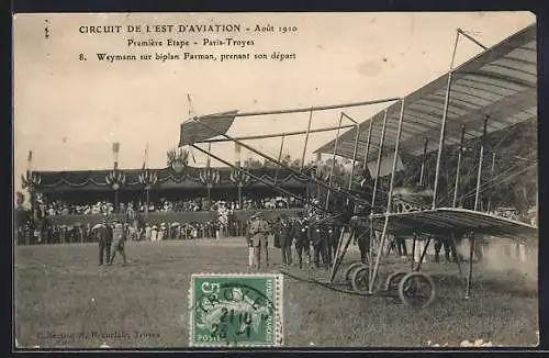 AK Circuit de l`Est d`Aviation, Première Etape, Weymann sur biplan Farman, prenant son départ