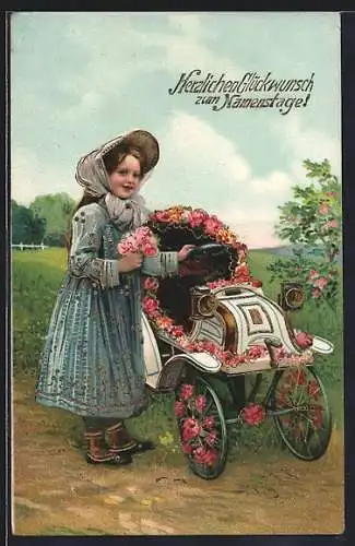 Präge-AK Namenstag, Mädchen mit Blumen-Auto