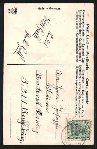 Präge-AK Namenstag, Mädchen mit Blumen-Auto