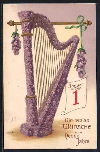 Präge-AK Harfe mit violetten Blumen, Kalenderblatt 1. Januar, Neujahrsgruss