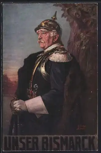 Künstler-AK sign. A. Fischer: Otto von Bismarck in Uniform mit Pickelhaube